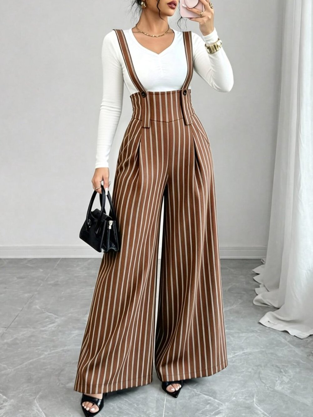 Brown Elegant Women's Striped High Waisted Loose Overall Pants